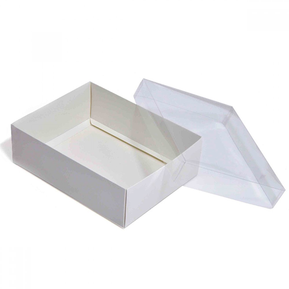 Custom paper packaging box white base with clear lid