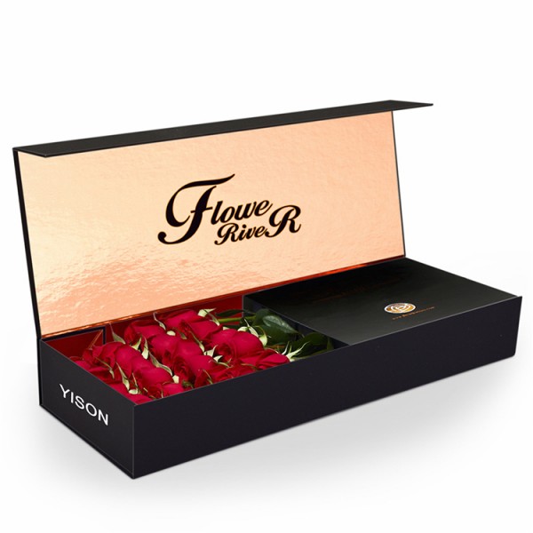 Luxury Rectangle Cardboard Paper Magnetic Black Flower Gift Packaging Box Delux