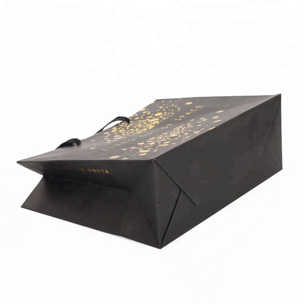 Wholesale Custom Made Logo Golden Hot Stamping Black Craft Cardboard Gift Shopping Paper Bag