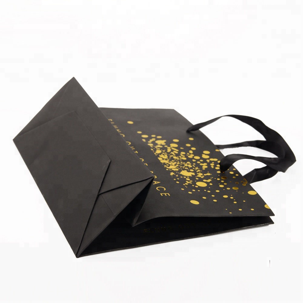 Wholesale Custom Made Logo Golden Hot Stamping Black Craft Cardboard Gift Shopping Paper Bag