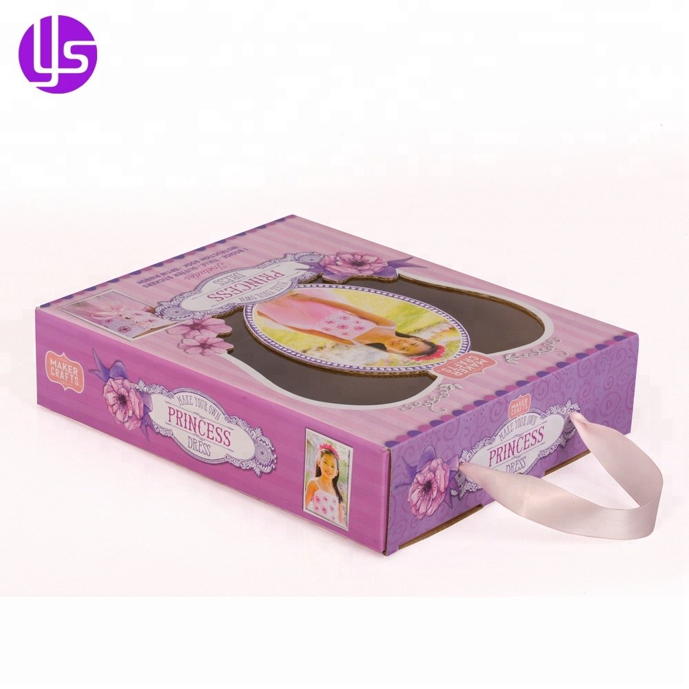 Foldable Corrugated Paper Doll Packaging Die Cutting Window Box with Silk Ribbon Handle