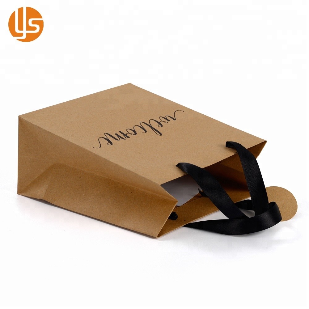 Bolsa de papel kraft marrón con logotipo personalizado vintage impreso con asa de cinta