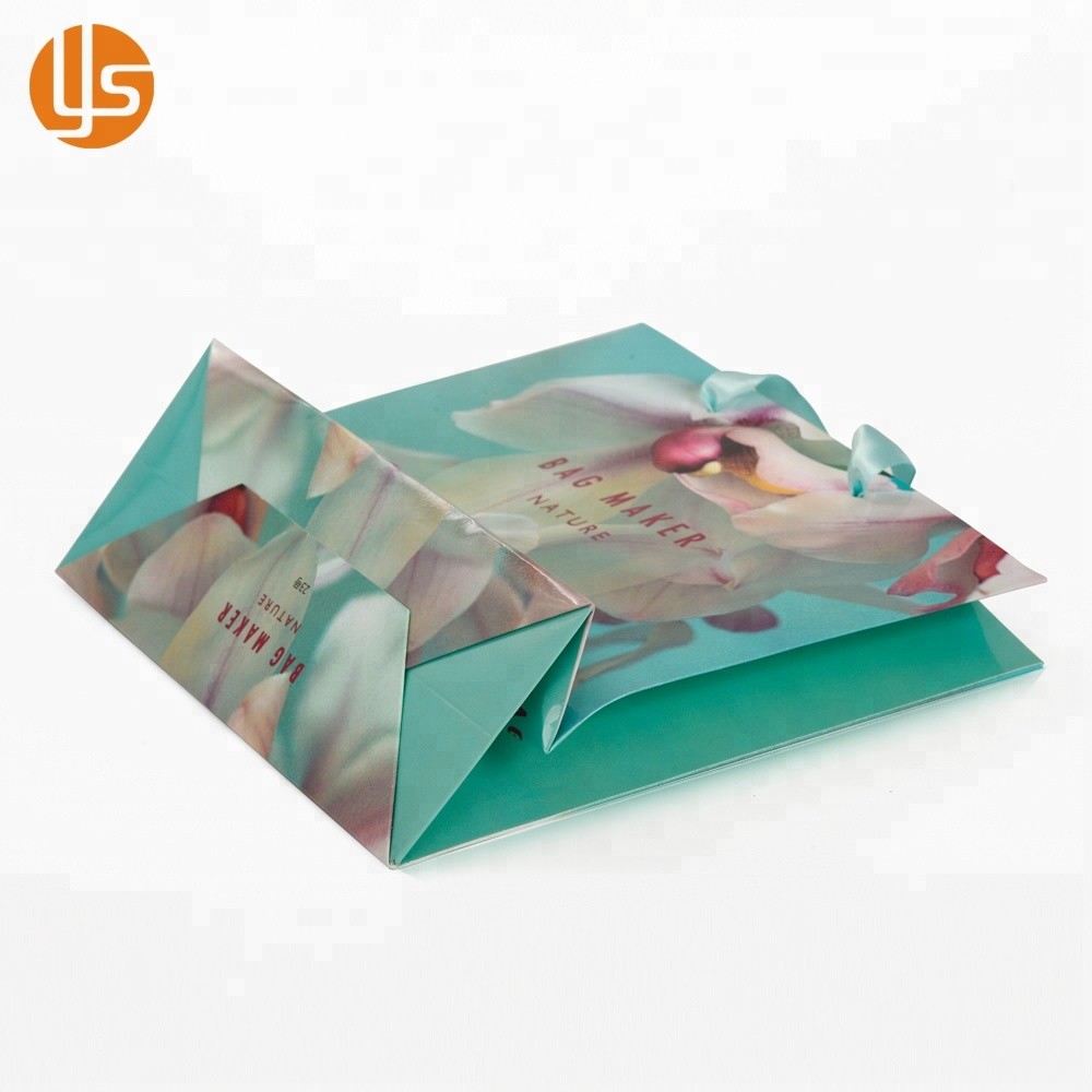 Light Blue Custom Spring Floral Hibiscus Flowers Design Paper Carrier Bags Ribbon Handle Shopping grocery Bags For Wedding