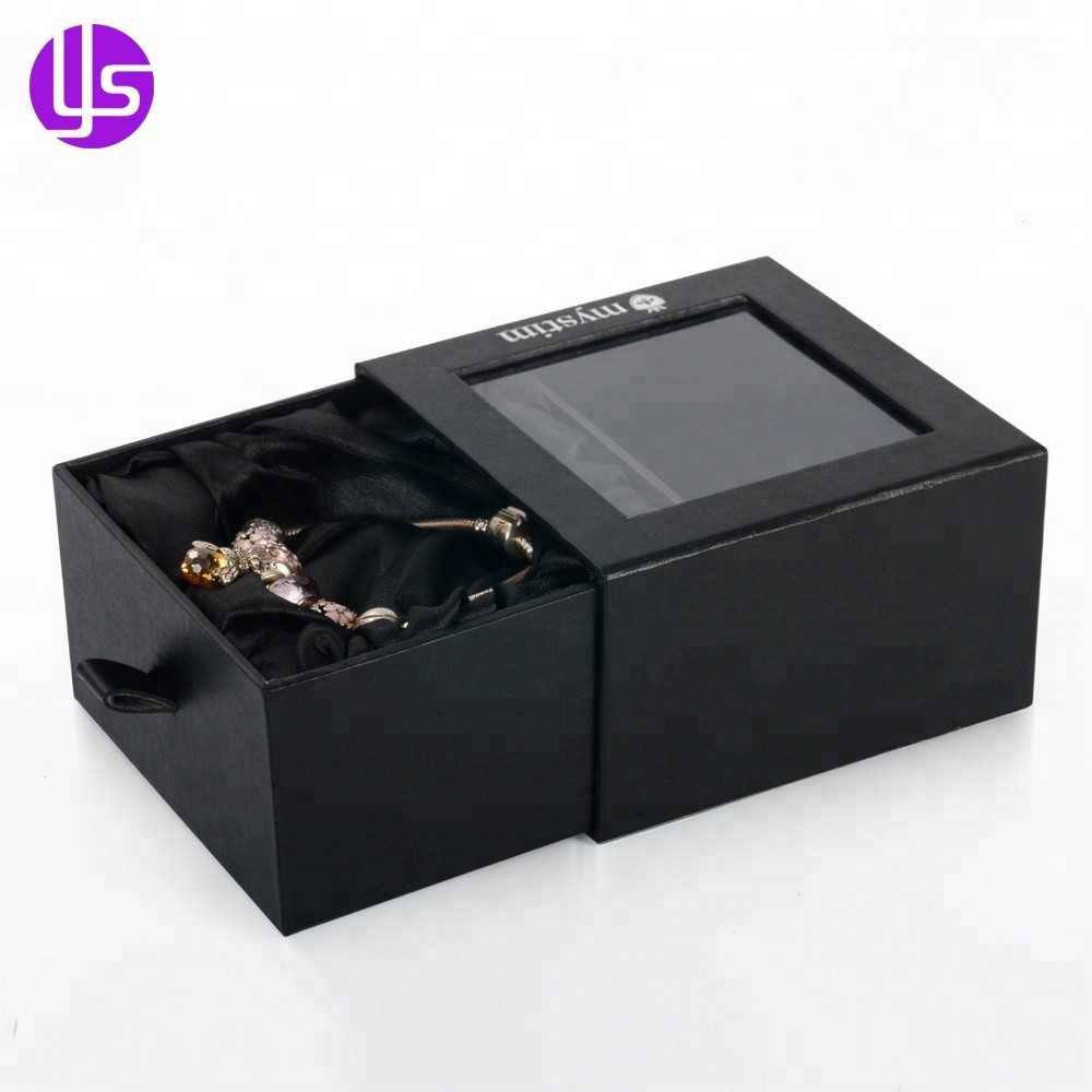 Caixa de embalagem de papelão rígido com gaveta estilo caixa de fósforos feita sob medida de luxo preto boutique para presente com janela de pvc transparente