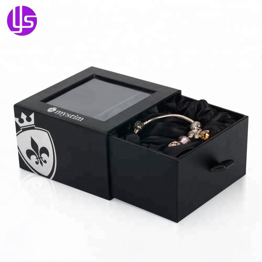 Custom Made Luxury Black Boutique Gift Paper Matchbox Style Drawer Slide Rigid Cardboard Packaging Box with Clear Pvc Window