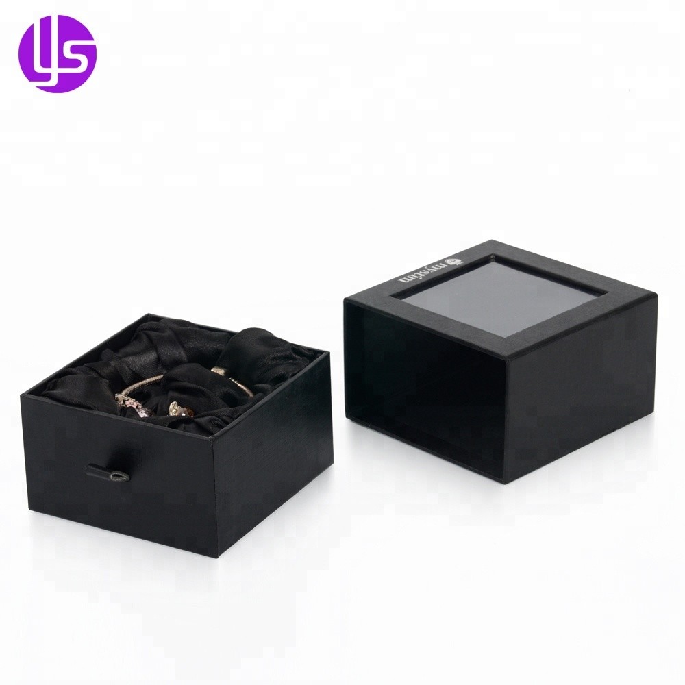 Caixa de embalagem de papelão rígido com gaveta estilo caixa de fósforos feita sob medida de luxo preto boutique para presente com janela de pvc transparente