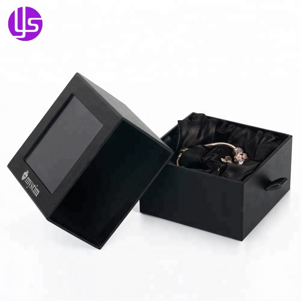 Caja de embalaje de cartón rígido con ventana de Pvc transparente, papel de regalo de Boutique negro de lujo, estilo caja de cerillas, cajón deslizante, personalizado