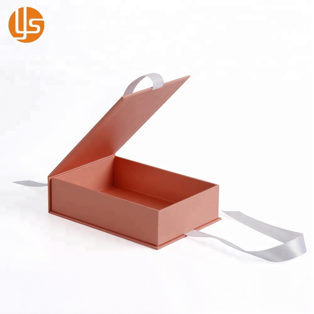 Logo Printed Pink Rigid Cardboard Paper Gift Flip Box With Ribbon Closure