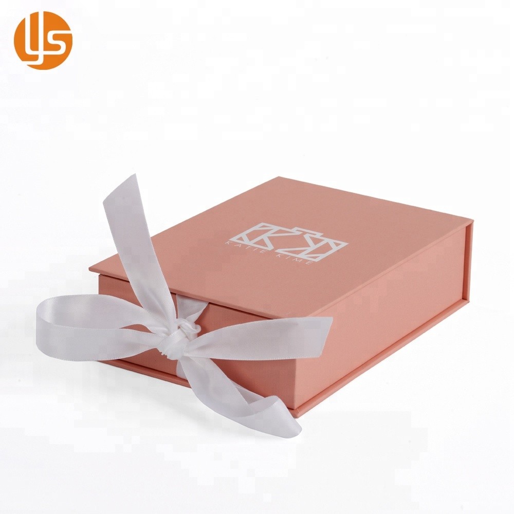 Logo Printed Pink Rigid Cardboard Paper Gift Flip Box With Ribbon Closure