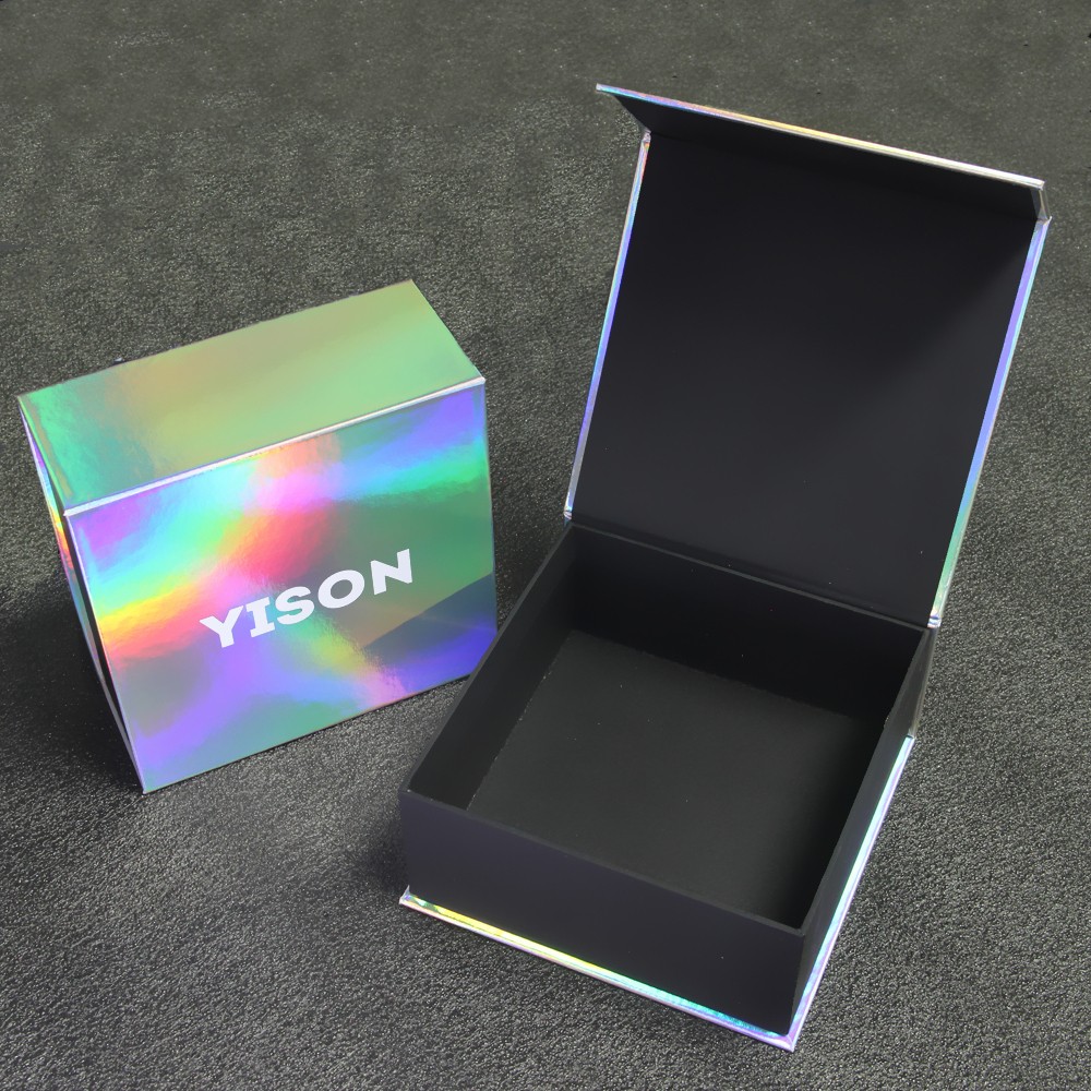 Подгонянная картонная магнитная голографическая радужная бумага упаковывая черную небольшую подарочную коробку