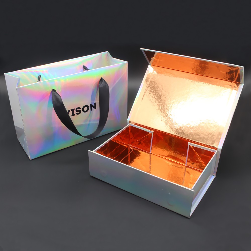 Holographic custom paper box and paper bag set