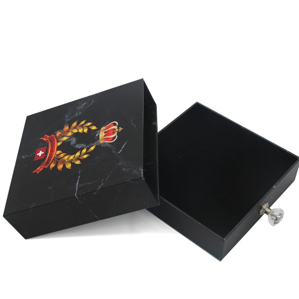 Изготовленная на заказ картонная шкатулка для драгоценностей с черным мраморным ящиком и бумажным кольцом