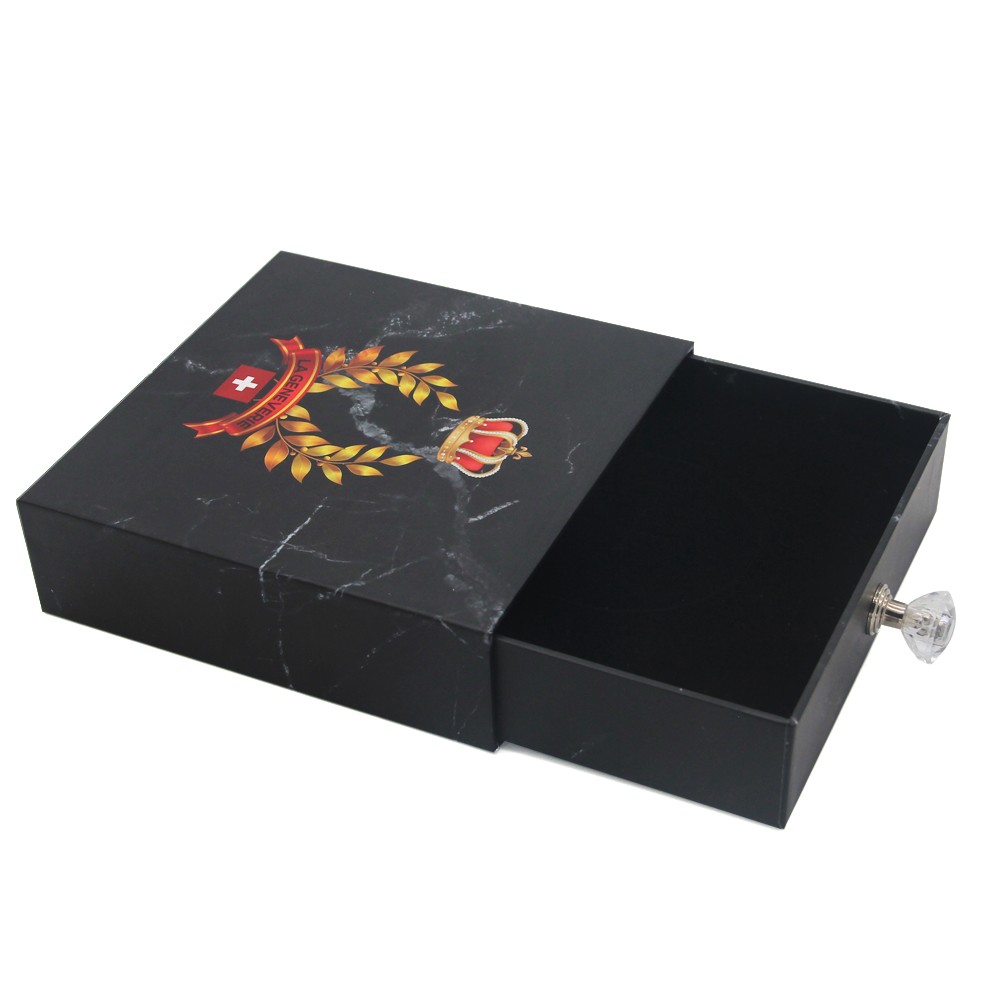 Изготовленная на заказ картонная шкатулка для драгоценностей с черным мраморным ящиком и бумажным кольцом