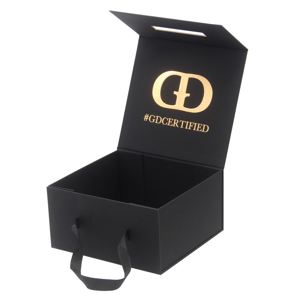 Magnetic foldable gift box with ribbon handle