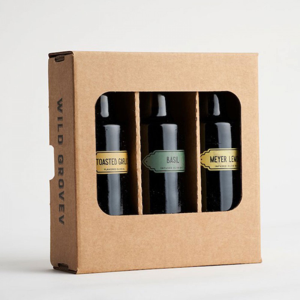 Упаковка оливкового масла в коробку из гофрированной бумаги