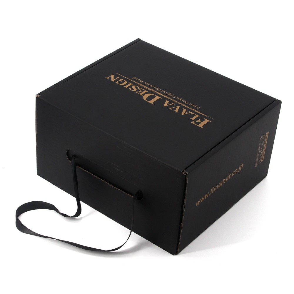 Black shipping box with ribbon