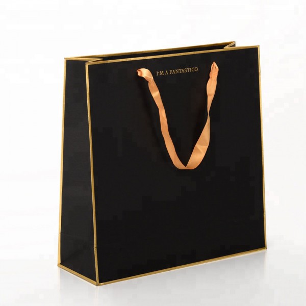 Luxury Custom Brand Name Logo Gold Foil Stamping Gift Packaging Black Craft  Carry Paper Shopping Bag with Ribbon Handle Guangzhou Yison Printing Co.,Ltd