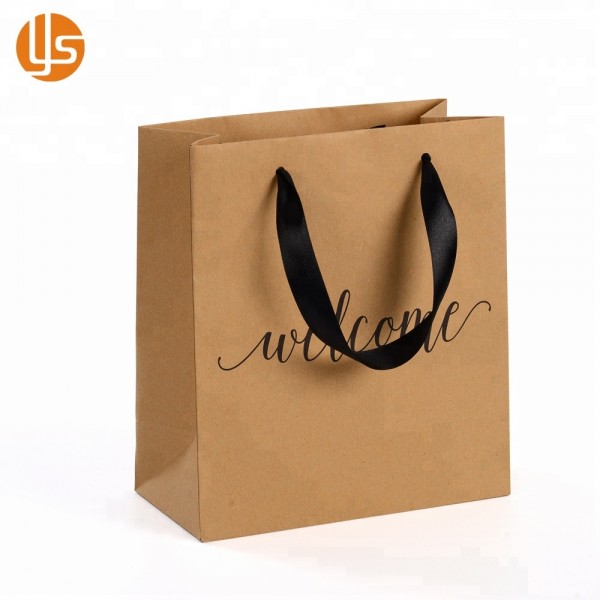 Vintage Custom logo printed brown kraft paper bag with ribbon handle