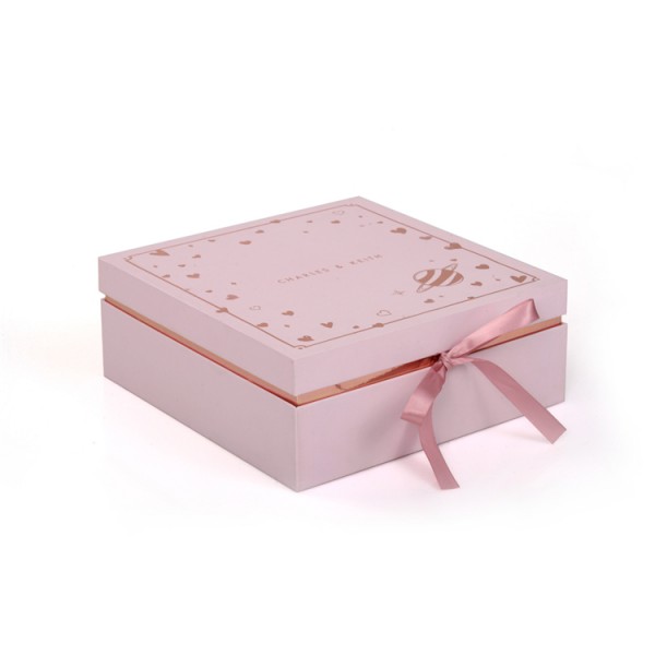 Custom Cardboard Pink Flip Top Gift Box With Ribbon