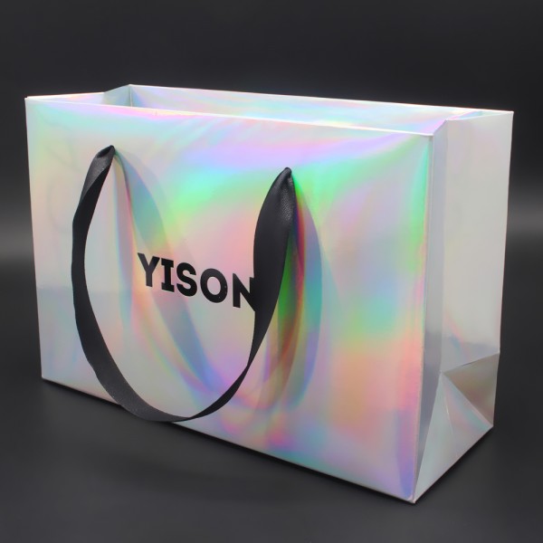 Luxo personalizado impresso popular bolsa de papel holograma paperbag saco de papel de presente de compras holográfico