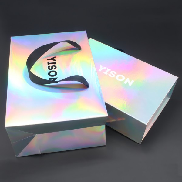 Juego de caja de papel y bolsa de papel holográfica personalizada