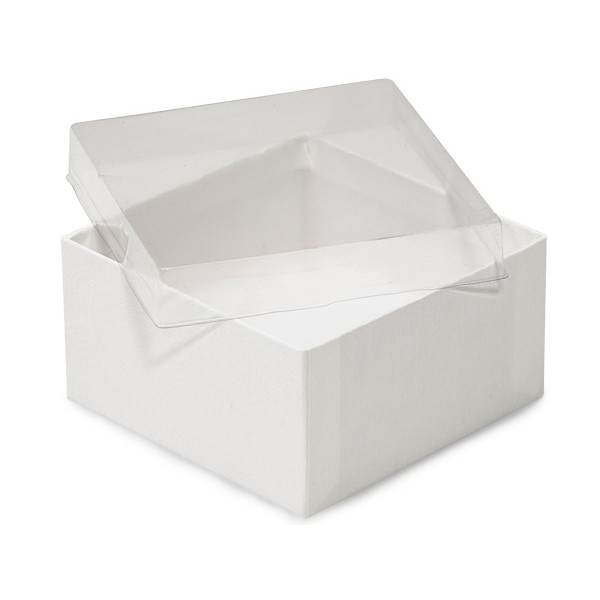 Нестандартная бумажная упаковочная коробка с белым основанием и прозрачной крышкой.