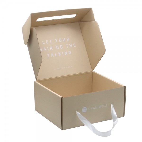 Corrugated paper box with ribbon handle