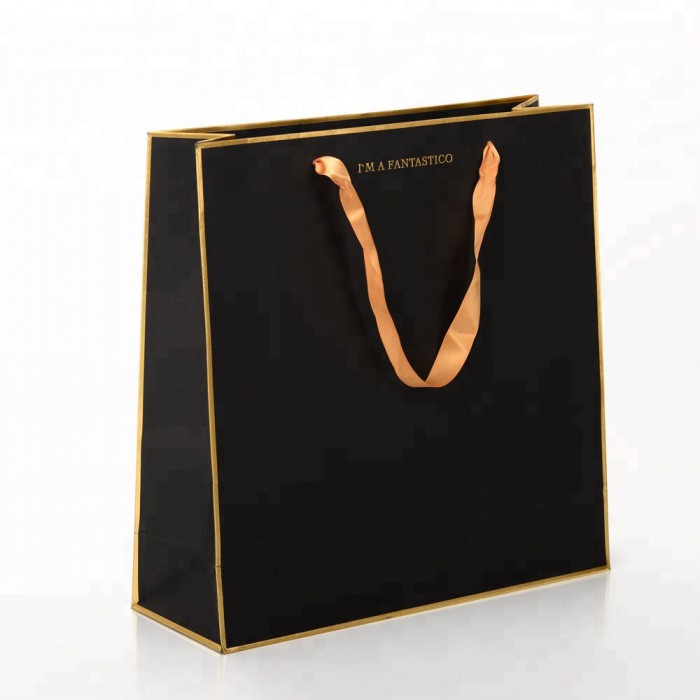 Luxuriöse individuelle Markennamen-Logo-Geschenkverpackung mit Goldfolienprägung, schwarze Bastelpapier-Einkaufstasche mit Schleifengriff